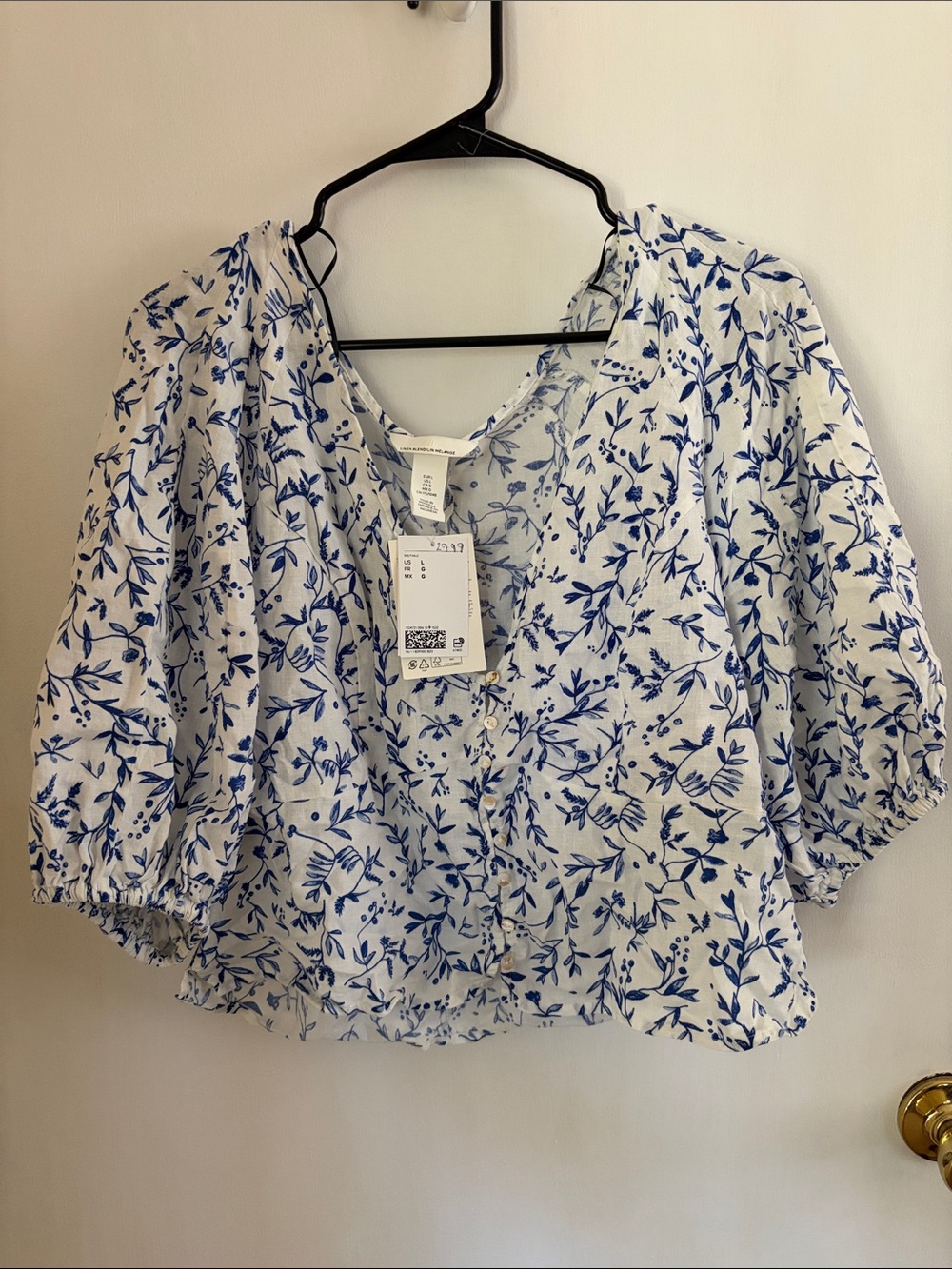 Blue Floral Button-Front Peasant Blouse - Women